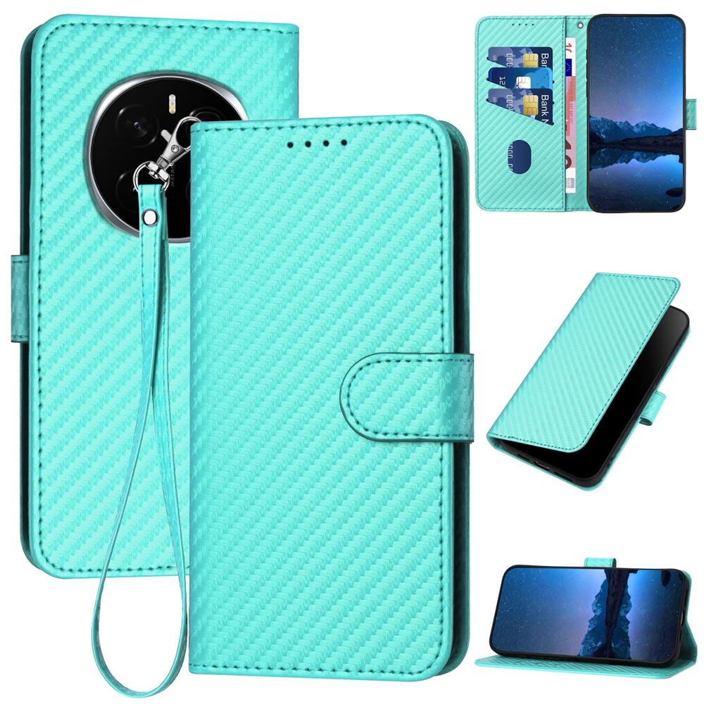 Honor Magic7 Pro Carbon Fiber Buckle Leather Phone Case with Lanyard, PU Leather TPU Wallet Cover with Card Slot, Cash Compartment, Stand Function & Scratch Protection