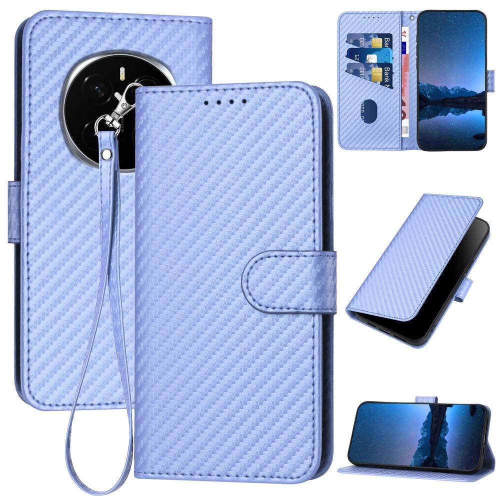Honor Magic7 Pro Carbon Fiber Buckle Leather Phone Case with Lanyard, PU Leather TPU Wallet Cover with Card Slot, Cash Compartment, Stand Function & Scratch Protection