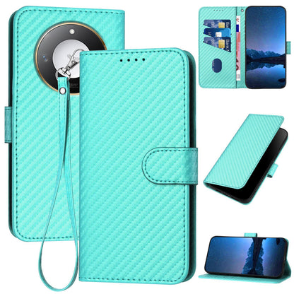 Honor X60 Carbon Fiber Buckle Leather Phone Case with Lanyard, PU Leather TPU Wallet Cover with Card Slot, Cash Compartment, Stand Function & Scratch Protection