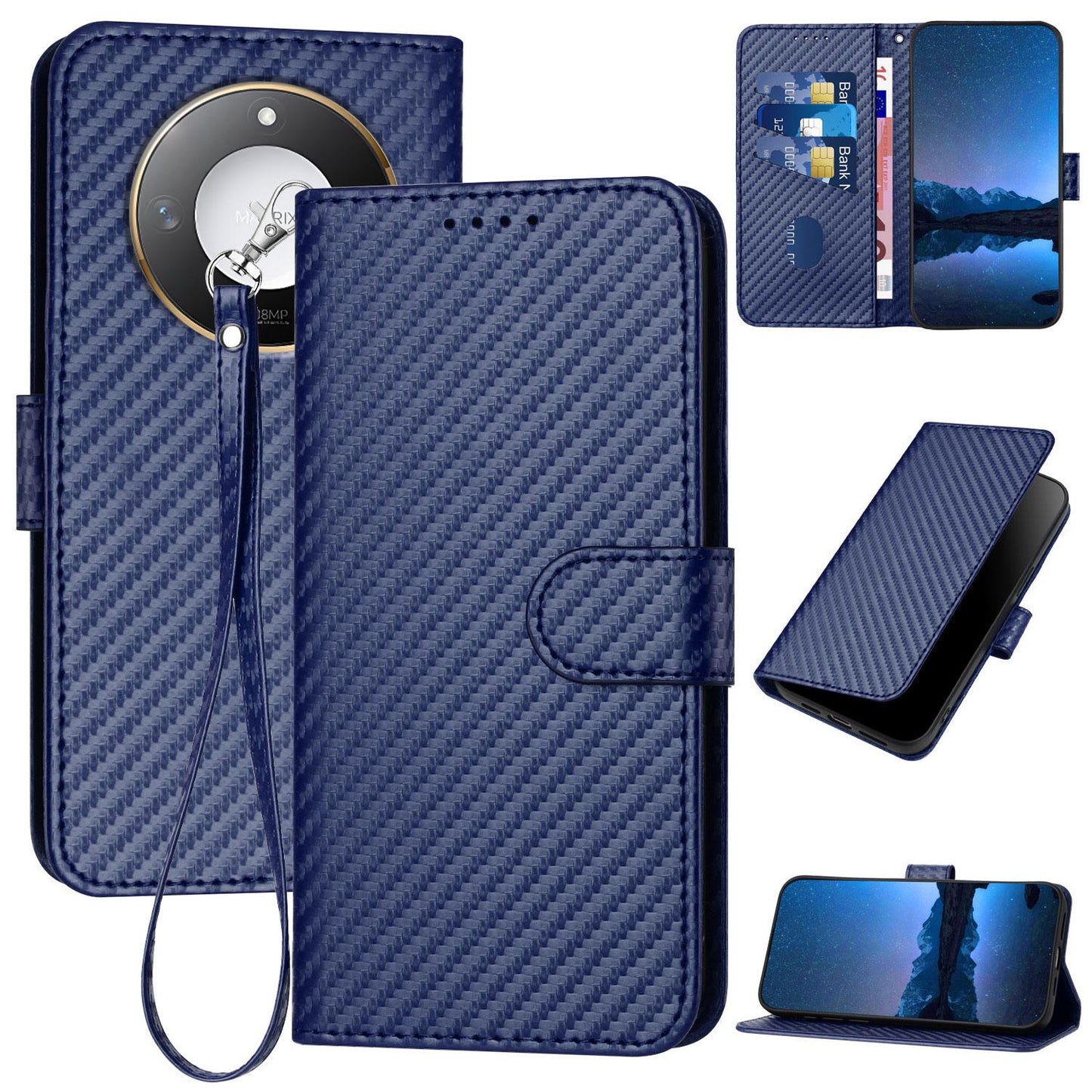 Honor X60 Carbon Fiber Buckle Leather Phone Case with Lanyard, PU Leather TPU Wallet Cover with Card Slot, Cash Compartment, Stand Function & Scratch Protection