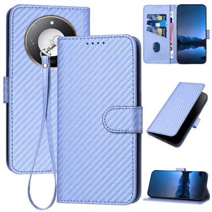 Honor X60 Carbon Fiber Buckle Leather Phone Case with Lanyard, PU Leather TPU Wallet Cover with Card Slot, Cash Compartment, Stand Function & Scratch Protection