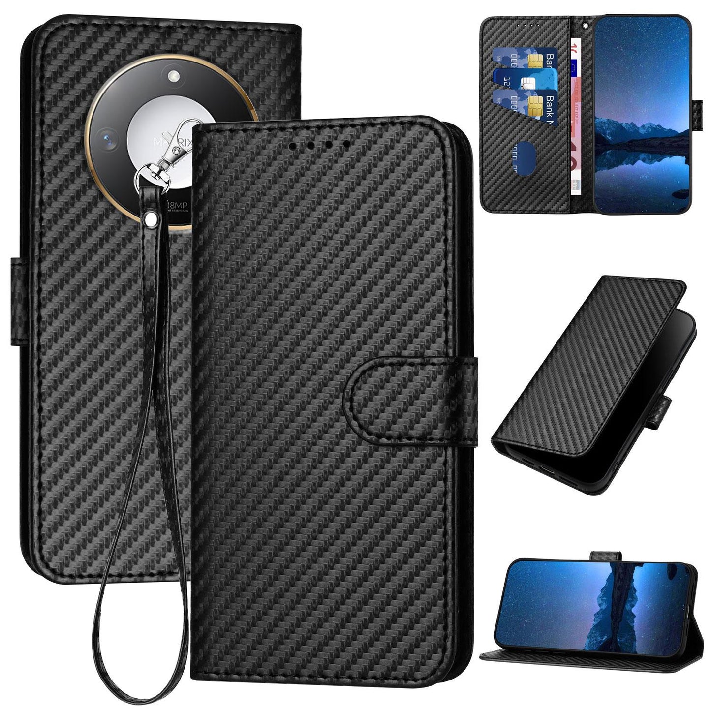 Honor X60 Carbon Fiber Buckle Leather Phone Case with Lanyard, PU Leather TPU Wallet Cover with Card Slot, Cash Compartment, Stand Function & Scratch Protection