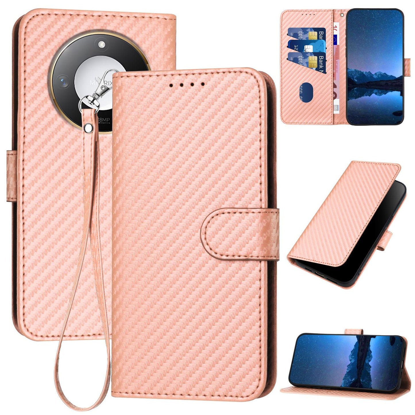 Honor X60 Carbon Fiber Buckle Leather Phone Case with Lanyard, PU Leather TPU Wallet Cover with Card Slot, Cash Compartment, Stand Function & Scratch Protection