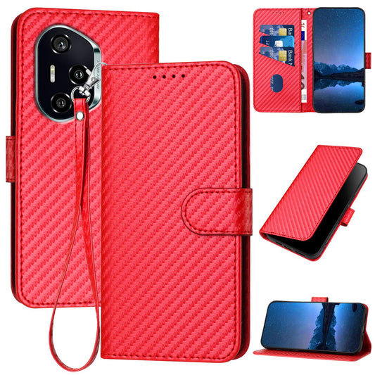 Honor 400 156.5mm Carbon Fiber Buckle Leather Phone Case with Lanyard, PU Leather TPU Wallet Cover with Card Slot, Cash Compartment, Stand Function & Scratch Protection