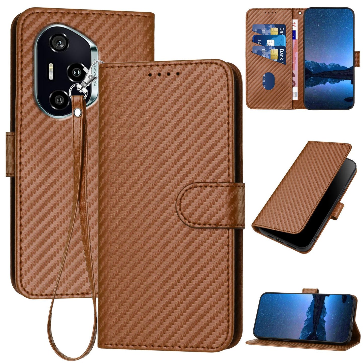 Honor 400 156.5mm Carbon Fiber Buckle Leather Phone Case with Lanyard, PU Leather TPU Wallet Cover with Card Slot, Cash Compartment, Stand Function & Scratch Protection