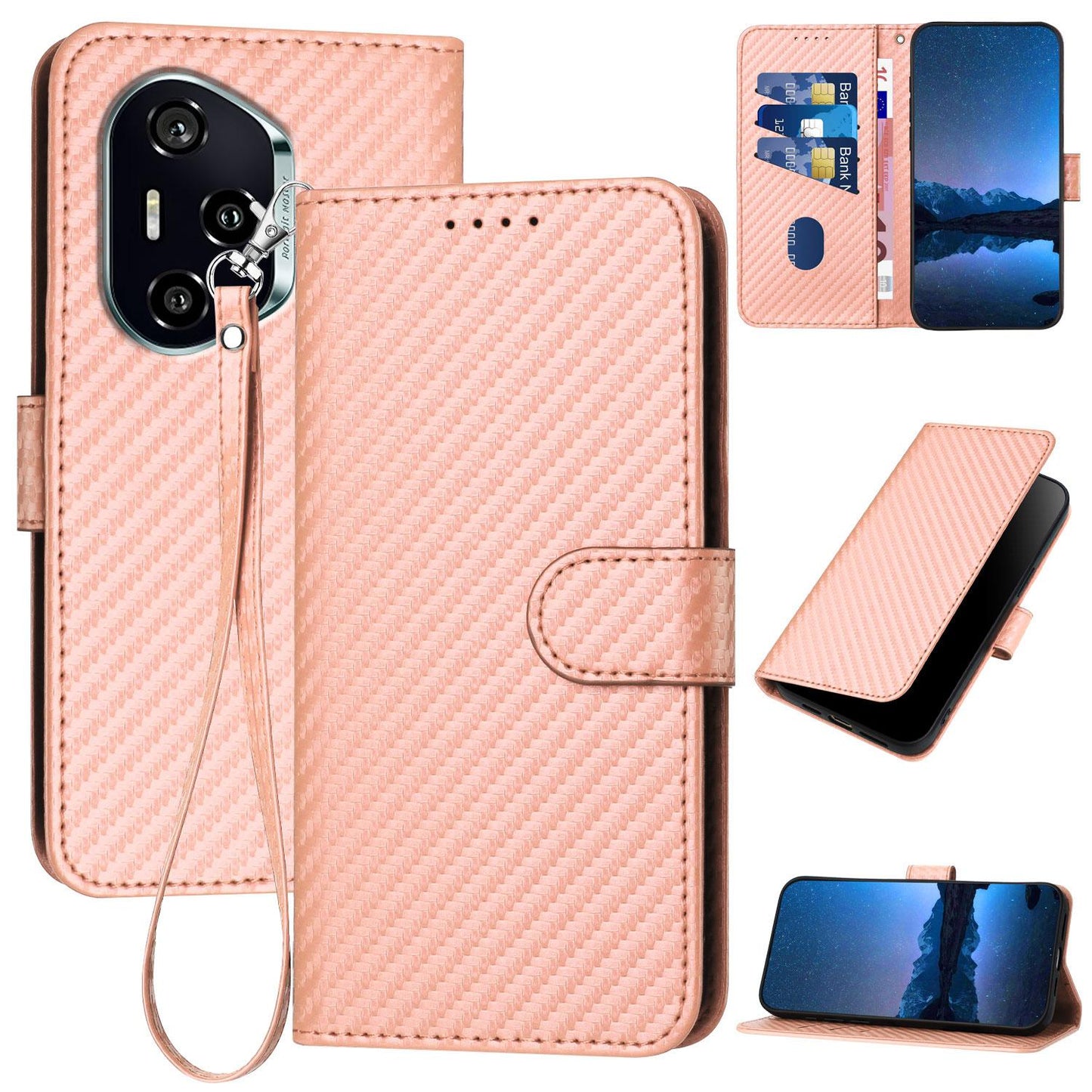 Honor 400 156.5mm Carbon Fiber Buckle Leather Phone Case with Lanyard, PU Leather TPU Wallet Cover with Card Slot, Cash Compartment, Stand Function & Scratch Protection