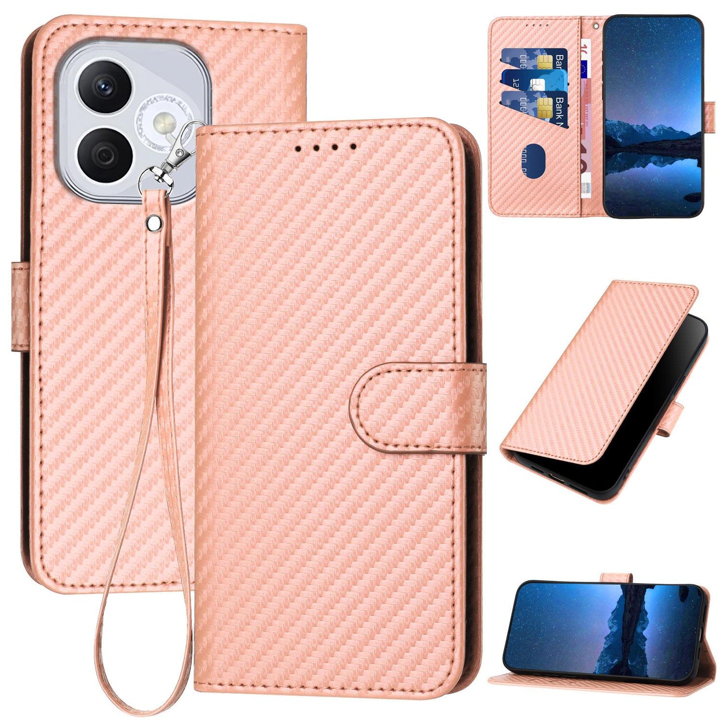 Honor 400 Lite Carbon Fiber Buckle Leather Phone Case with Lanyard, PU Leather TPU Wallet Cover with Card Slot, Cash Compartment, Stand Function & Scratch Protection