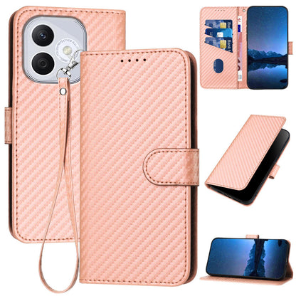Honor 400 Lite Carbon Fiber Buckle Leather Phone Case with Lanyard, PU Leather TPU Wallet Cover with Card Slot, Cash Compartment, Stand Function & Scratch Protection