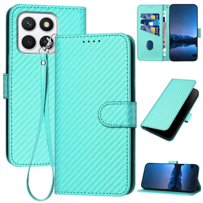 Honor X8c 4G Carbon Fiber Buckle Leather Phone Case with Lanyard, PU Leather TPU Wallet Cover with Card Slot, Cash Compartment, Stand Function & Scratch Protection
