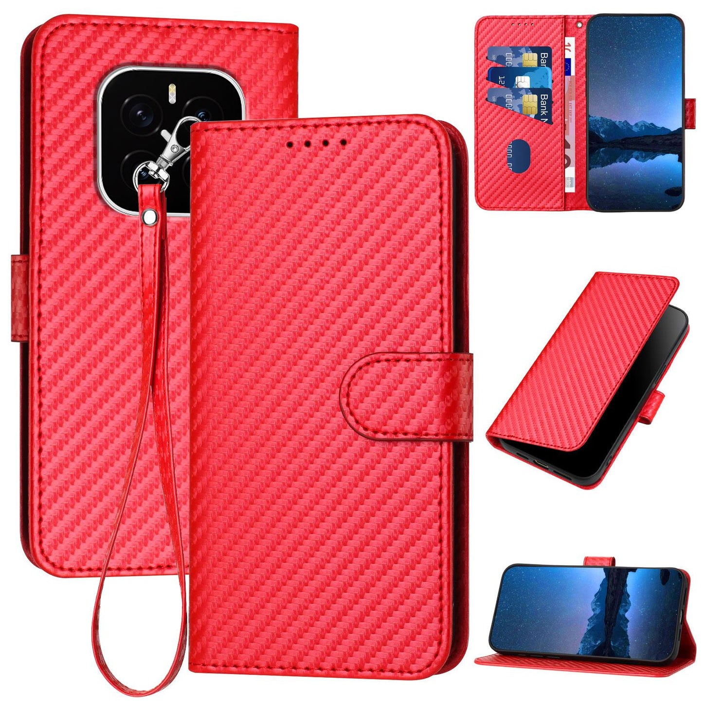 Honor GT Pro Carbon Fiber Buckle Leather Phone Case with Lanyard, PU Leather TPU Wallet Cover with Card Slot, Cash Compartment, Stand Function & Scratch Protection