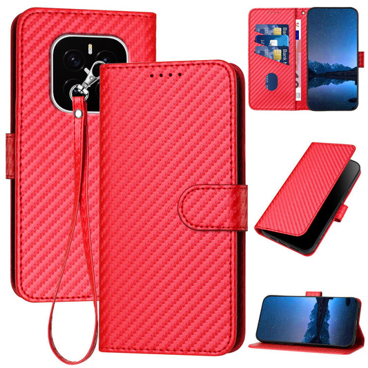 Honor GT Pro Carbon Fiber Buckle Leather Phone Case with Lanyard, PU Leather TPU Wallet Cover with Card Slot, Cash Compartment, Stand Function & Scratch Protection