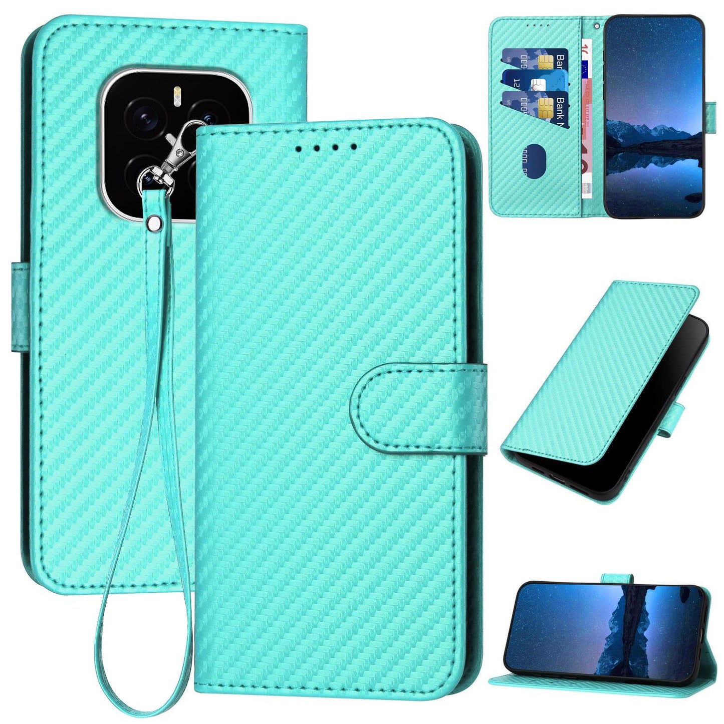 Honor GT Pro Carbon Fiber Buckle Leather Phone Case with Lanyard, PU Leather TPU Wallet Cover with Card Slot, Cash Compartment, Stand Function & Scratch Protection