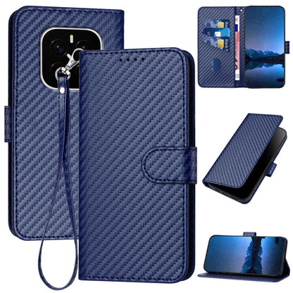 Honor GT Pro Carbon Fiber Buckle Leather Phone Case with Lanyard, PU Leather TPU Wallet Cover with Card Slot, Cash Compartment, Stand Function & Scratch Protection