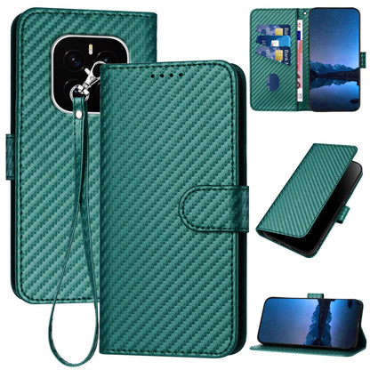 Honor GT Pro Carbon Fiber Buckle Leather Phone Case with Lanyard, PU Leather TPU Wallet Cover with Card Slot, Cash Compartment, Stand Function & Scratch Protection