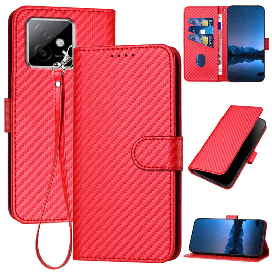 Honor X60 GT Carbon Fiber Buckle Leather Phone Case with Lanyard, PU Leather TPU Wallet Cover with Card Slot, Cash Compartment, Stand Function & Scratch Protection