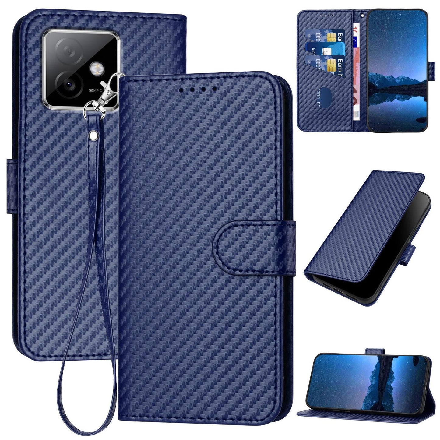 Honor X60 GT Carbon Fiber Buckle Leather Phone Case with Lanyard, PU Leather TPU Wallet Cover with Card Slot, Cash Compartment, Stand Function & Scratch Protection
