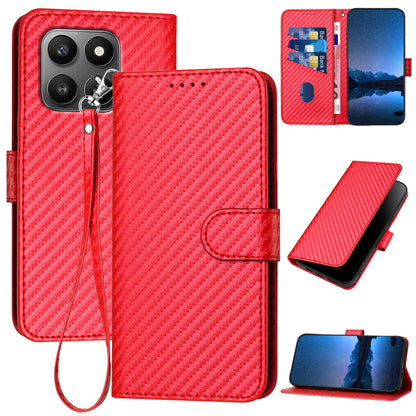 Honor X7d 4G Carbon Fiber Buckle Leather Phone Case with Lanyard, PU Leather TPU Wallet Cover with Card Slot, Cash Compartment, Stand Function & Scratch Protection