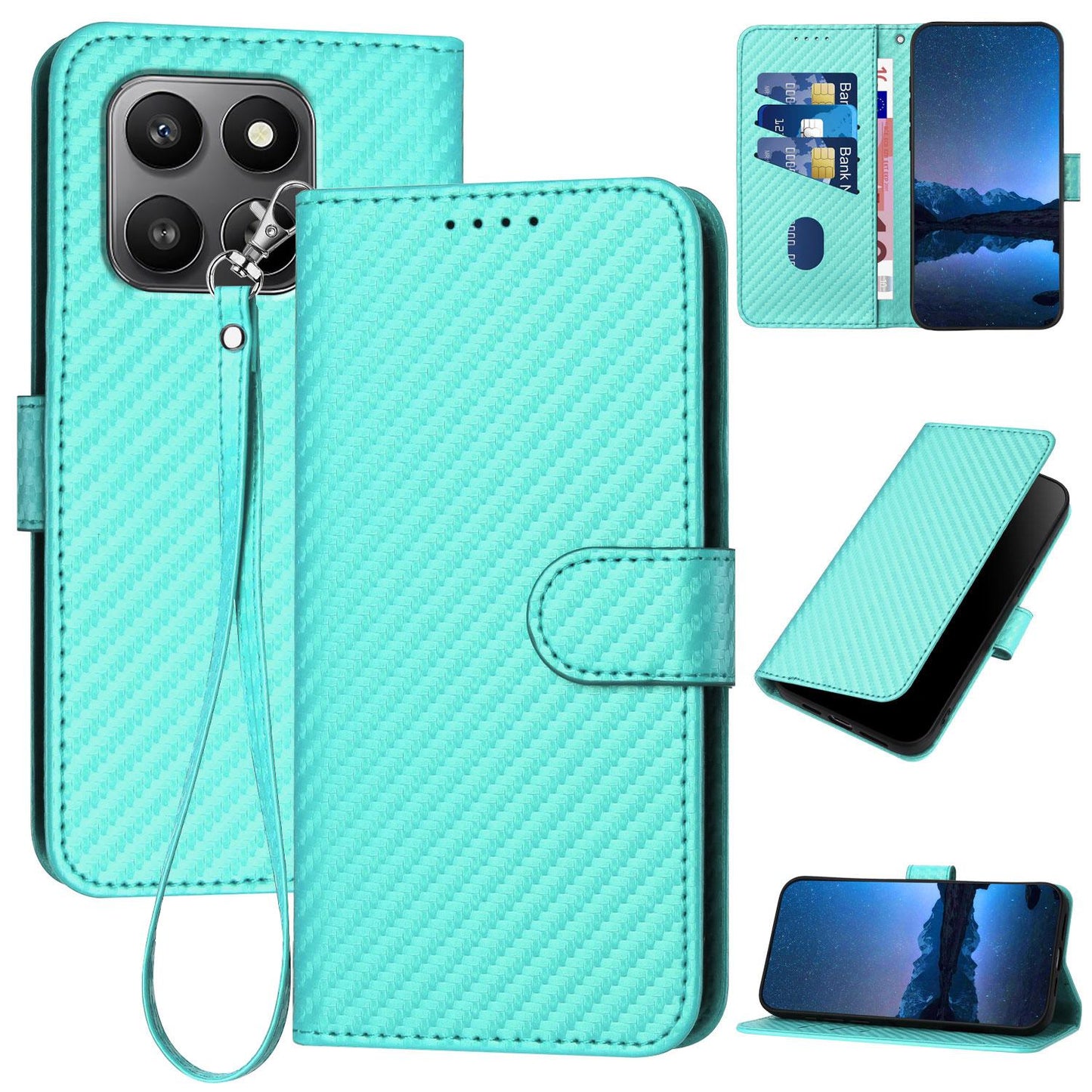 Honor Play 10T 5G Carbon Fiber Buckle Leather Phone Case with Lanyard, PU Leather TPU Wallet Cover with Card Slot, Cash Compartment, Stand Function & Scratch Protection