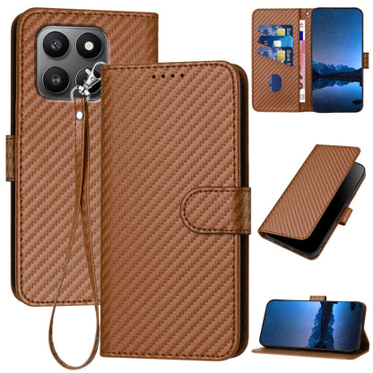 Honor X7d 4G Carbon Fiber Buckle Leather Phone Case with Lanyard, PU Leather TPU Wallet Cover with Card Slot, Cash Compartment, Stand Function & Scratch Protection