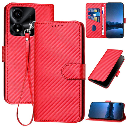 Honor X5c 4G Carbon Fiber Buckle Leather Phone Case with Lanyard, PU Leather TPU Wallet Cover with Card Slot, Cash Compartment, Stand Function & Scratch Protection