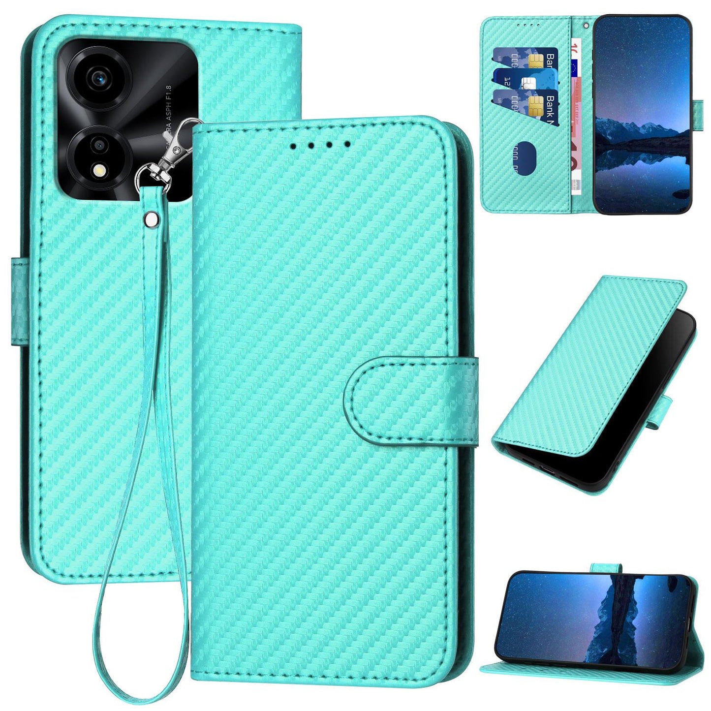 Honor X5c 4G Carbon Fiber Buckle Leather Phone Case with Lanyard, PU Leather TPU Wallet Cover with Card Slot, Cash Compartment, Stand Function & Scratch Protection