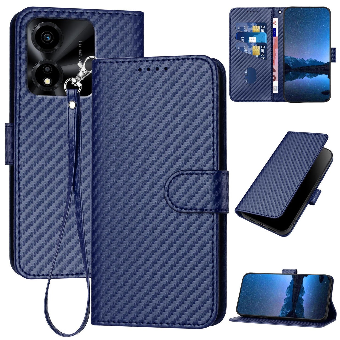 Honor X5c Plus Carbon Fiber Buckle Leather Phone Case with Lanyard, PU Leather TPU Wallet Cover with Card Slot, Cash Compartment, Stand Function & Scratch Protection