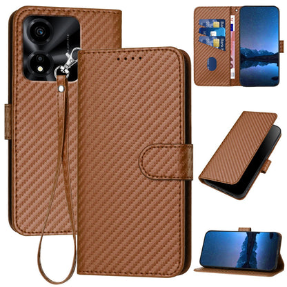 Honor X5c Plus Carbon Fiber Buckle Leather Phone Case with Lanyard, PU Leather TPU Wallet Cover with Card Slot, Cash Compartment, Stand Function & Scratch Protection