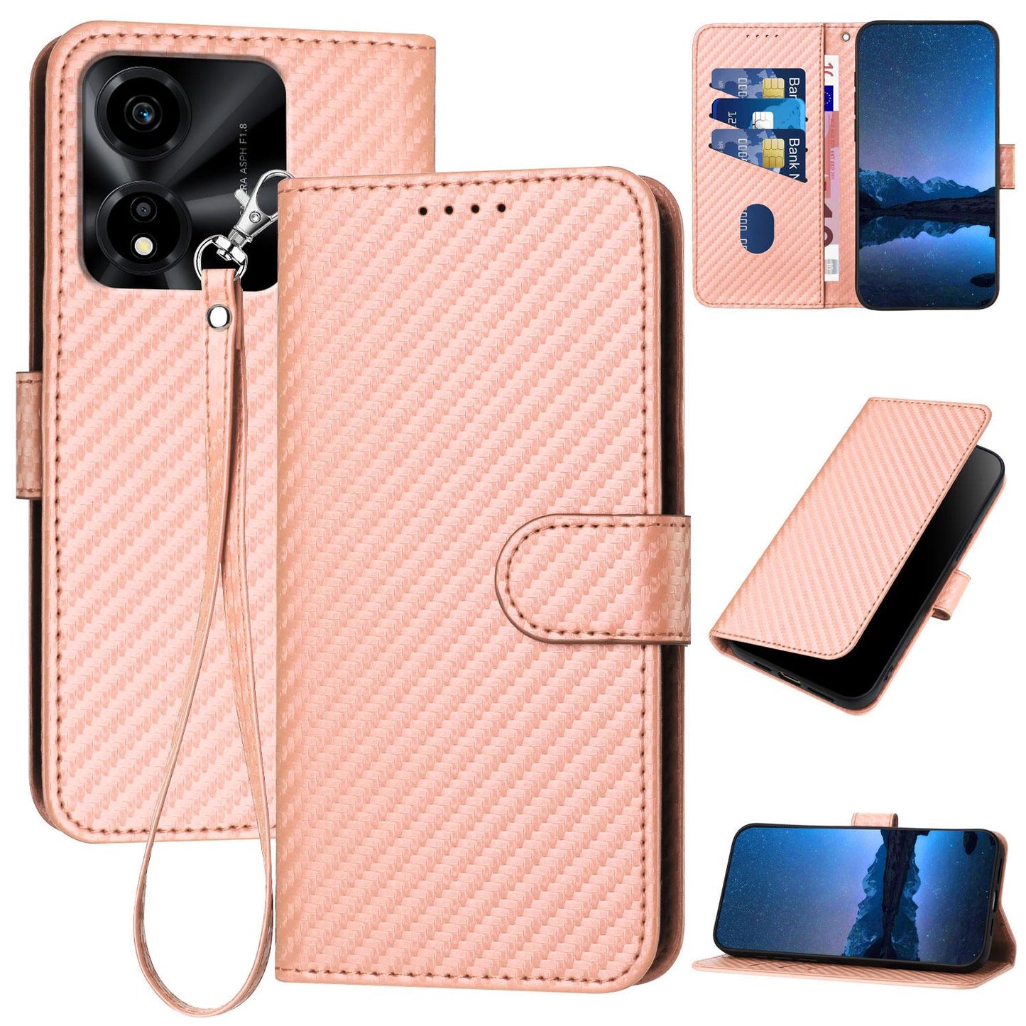 Honor X5c Plus Carbon Fiber Buckle Leather Phone Case with Lanyard, PU Leather TPU Wallet Cover with Card Slot, Cash Compartment, Stand Function & Scratch Protection