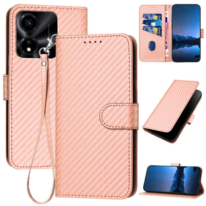 Honor X5c Plus Carbon Fiber Buckle Leather Phone Case with Lanyard, PU Leather TPU Wallet Cover with Card Slot, Cash Compartment, Stand Function & Scratch Protection