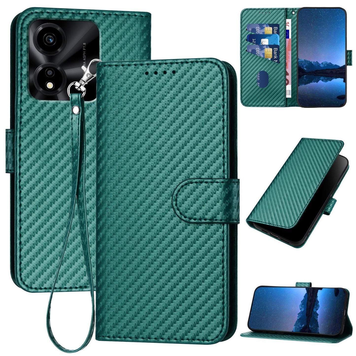 Honor X5c 4G Carbon Fiber Buckle Leather Phone Case with Lanyard, PU Leather TPU Wallet Cover with Card Slot, Cash Compartment, Stand Function & Scratch Protection