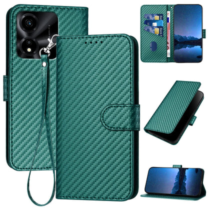 Honor X5c Plus Carbon Fiber Buckle Leather Phone Case with Lanyard, PU Leather TPU Wallet Cover with Card Slot, Cash Compartment, Stand Function & Scratch Protection