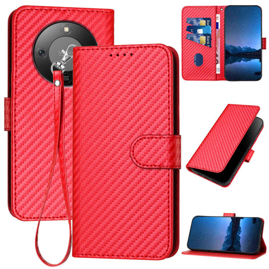Honor X9d 5G Carbon Fiber Buckle Leather Phone Case with Lanyard, PU Leather TPU Wallet Cover with Card Slot, Cash Compartment, Stand Function & Scratch Protection