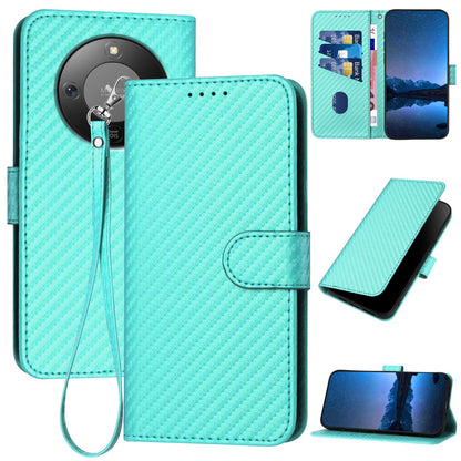 Honor X70 5G Carbon Fiber Buckle Leather Phone Case with Lanyard, PU Leather TPU Wallet Cover with Card Slot, Cash Compartment, Stand Function & Scratch Protection
