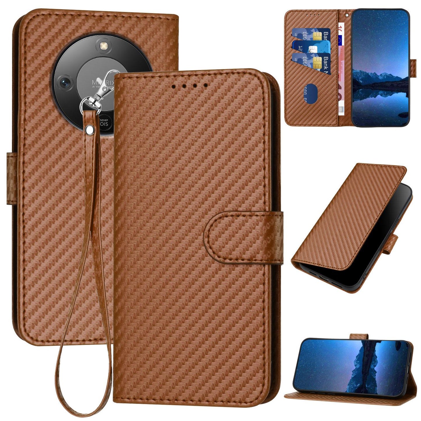 Honor X9d 5G Carbon Fiber Buckle Leather Phone Case with Lanyard, PU Leather TPU Wallet Cover with Card Slot, Cash Compartment, Stand Function & Scratch Protection