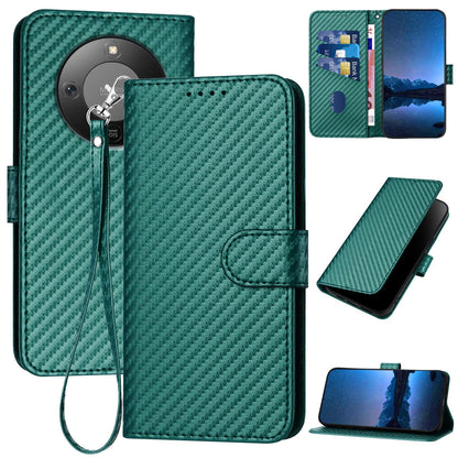 Honor X70 5G Carbon Fiber Buckle Leather Phone Case with Lanyard, PU Leather TPU Wallet Cover with Card Slot, Cash Compartment, Stand Function & Scratch Protection