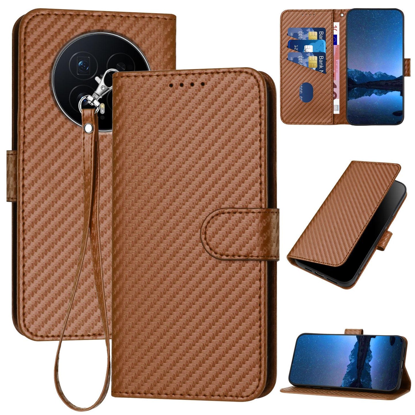 Honor Magic8 Carbon Fiber Buckle Leather Phone Case with Lanyard, PU Leather TPU Wallet Cover with Card Slot, Cash Compartment, Stand Function & Scratch Protection