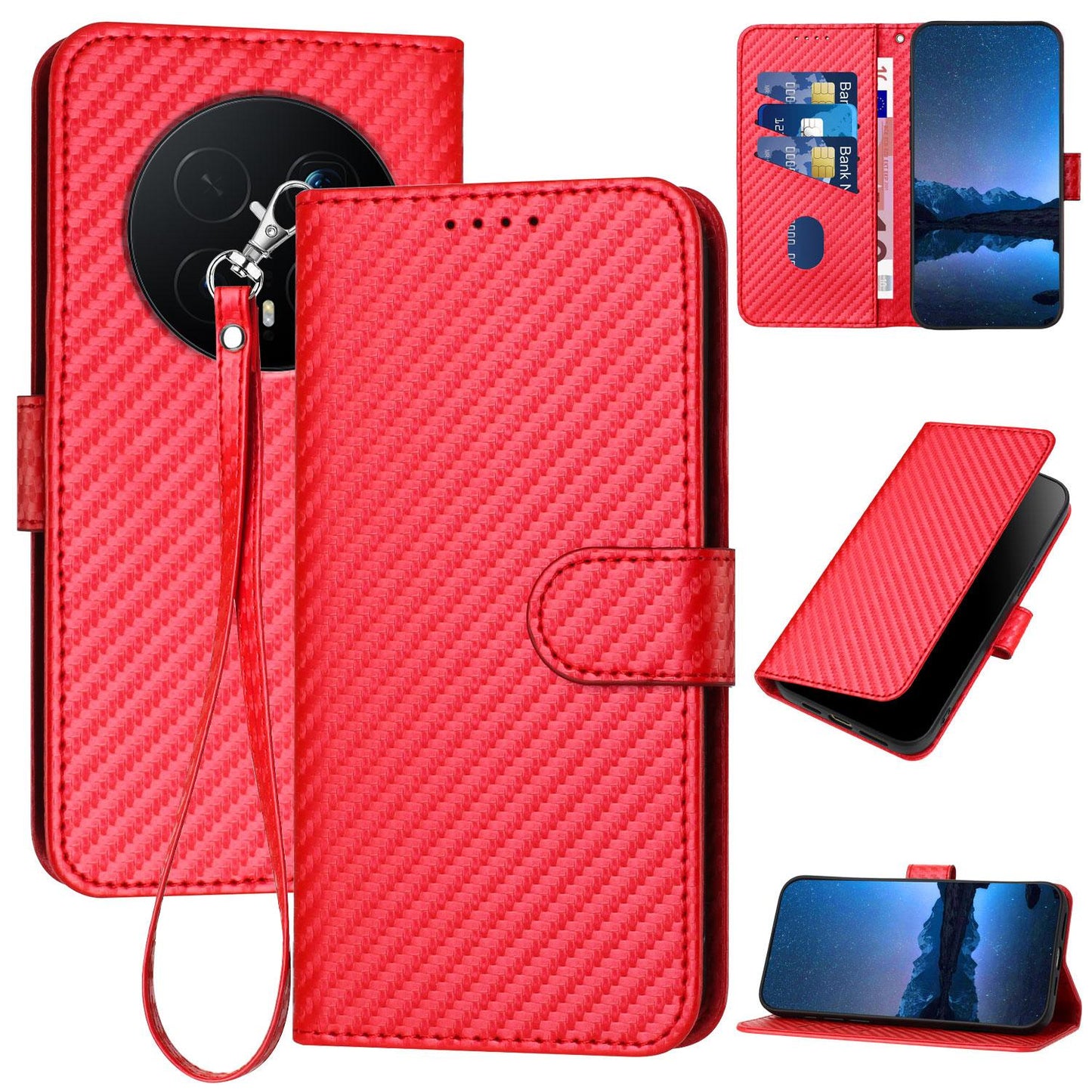Honor Magic8 Pro Carbon Fiber Buckle Leather Phone Case with Lanyard, PU Leather TPU Wallet Cover with Card Slot, Cash Compartment, Stand Function & Scratch Protection