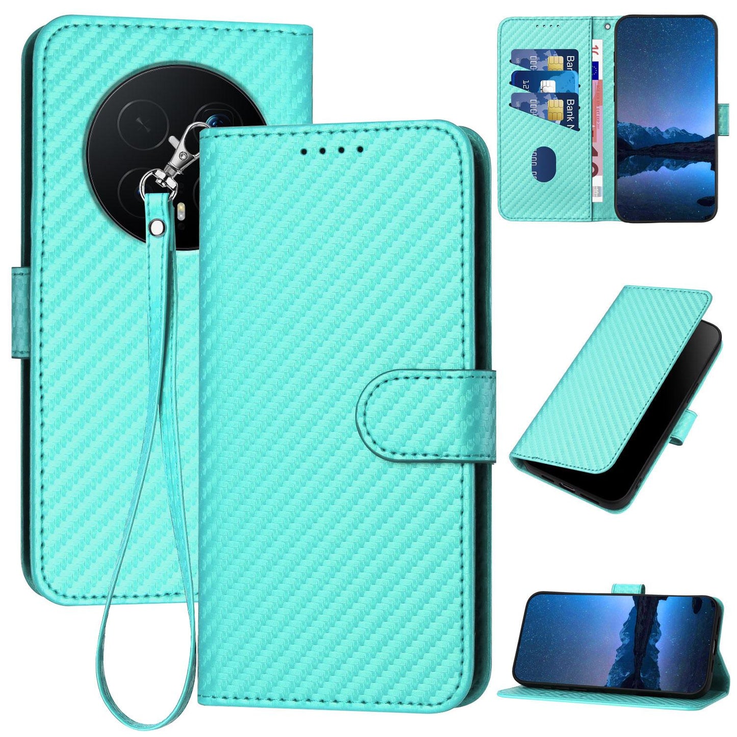Honor Magic8 Pro Carbon Fiber Buckle Leather Phone Case with Lanyard, PU Leather TPU Wallet Cover with Card Slot, Cash Compartment, Stand Function & Scratch Protection