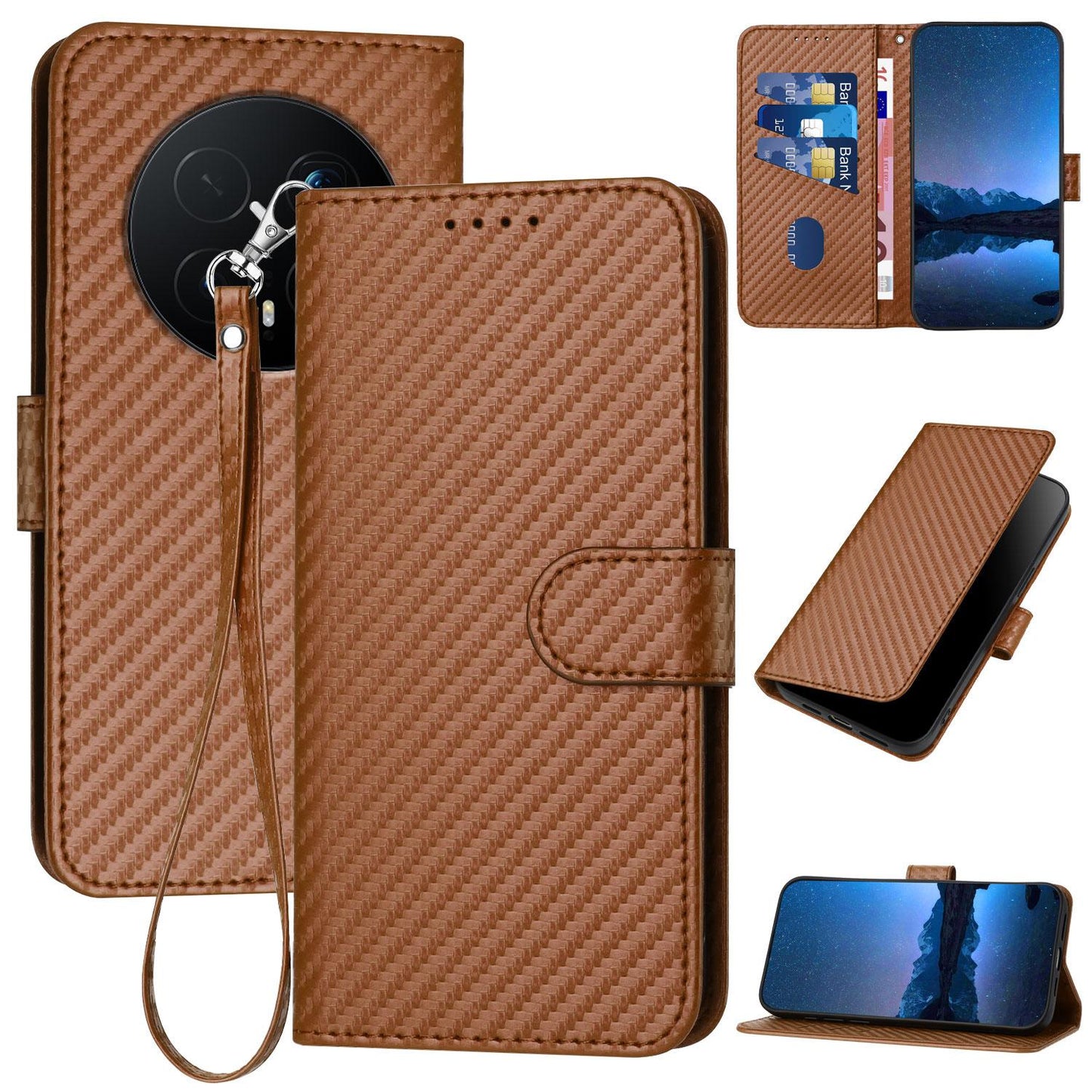 Honor Magic8 Pro Carbon Fiber Buckle Leather Phone Case with Lanyard, PU Leather TPU Wallet Cover with Card Slot, Cash Compartment, Stand Function & Scratch Protection