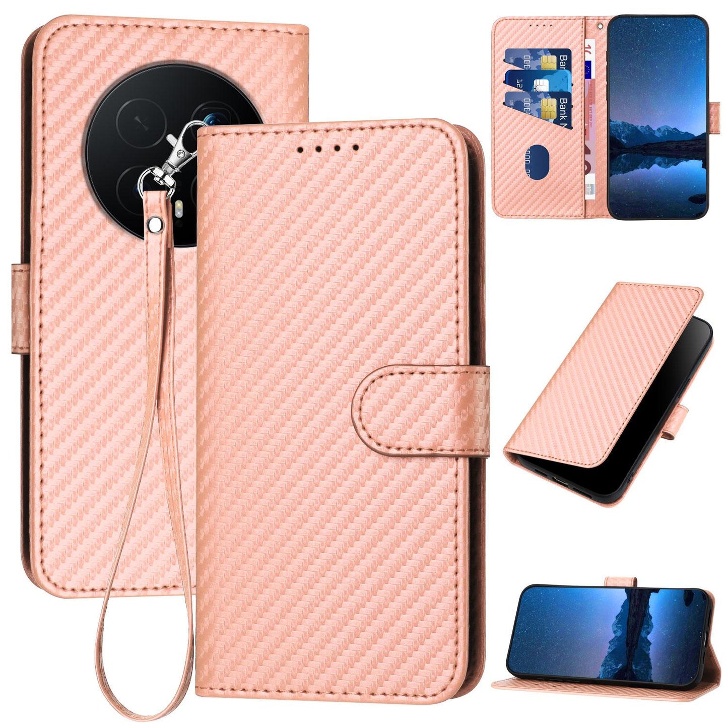 Honor Magic8 Pro Carbon Fiber Buckle Leather Phone Case with Lanyard, PU Leather TPU Wallet Cover with Card Slot, Cash Compartment, Stand Function & Scratch Protection