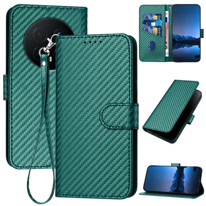 Honor Magic8 Pro Carbon Fiber Buckle Leather Phone Case with Lanyard, PU Leather TPU Wallet Cover with Card Slot, Cash Compartment, Stand Function & Scratch Protection