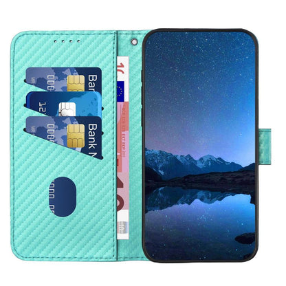 Honor Play10 4G Carbon Fiber Buckle Leather Phone Case with Lanyard, PU Leather TPU Wallet Cover with Card Slot, Cash Compartment, Stand Function & Scratch Protection