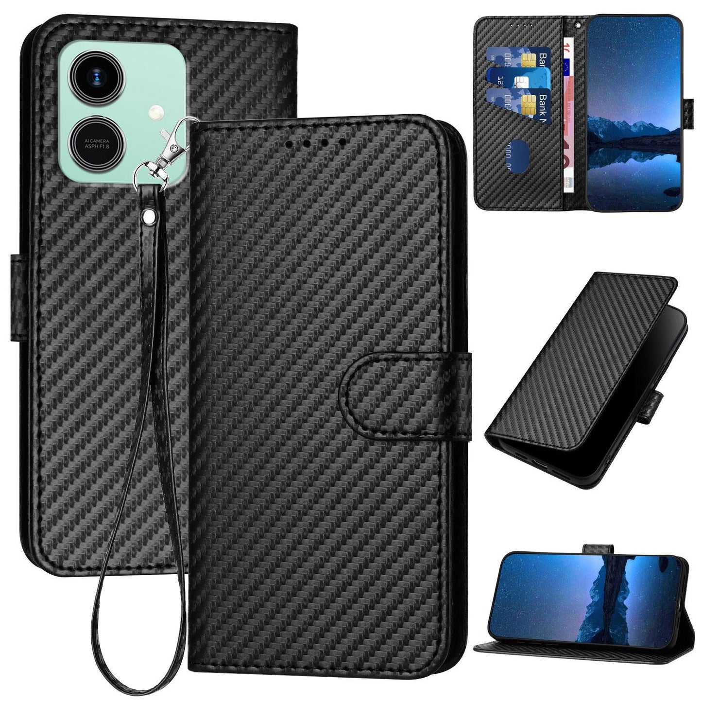 Honor Play10 4G Carbon Fiber Buckle Leather Phone Case with Lanyard, PU Leather TPU Wallet Cover with Card Slot, Cash Compartment, Stand Function & Scratch Protection