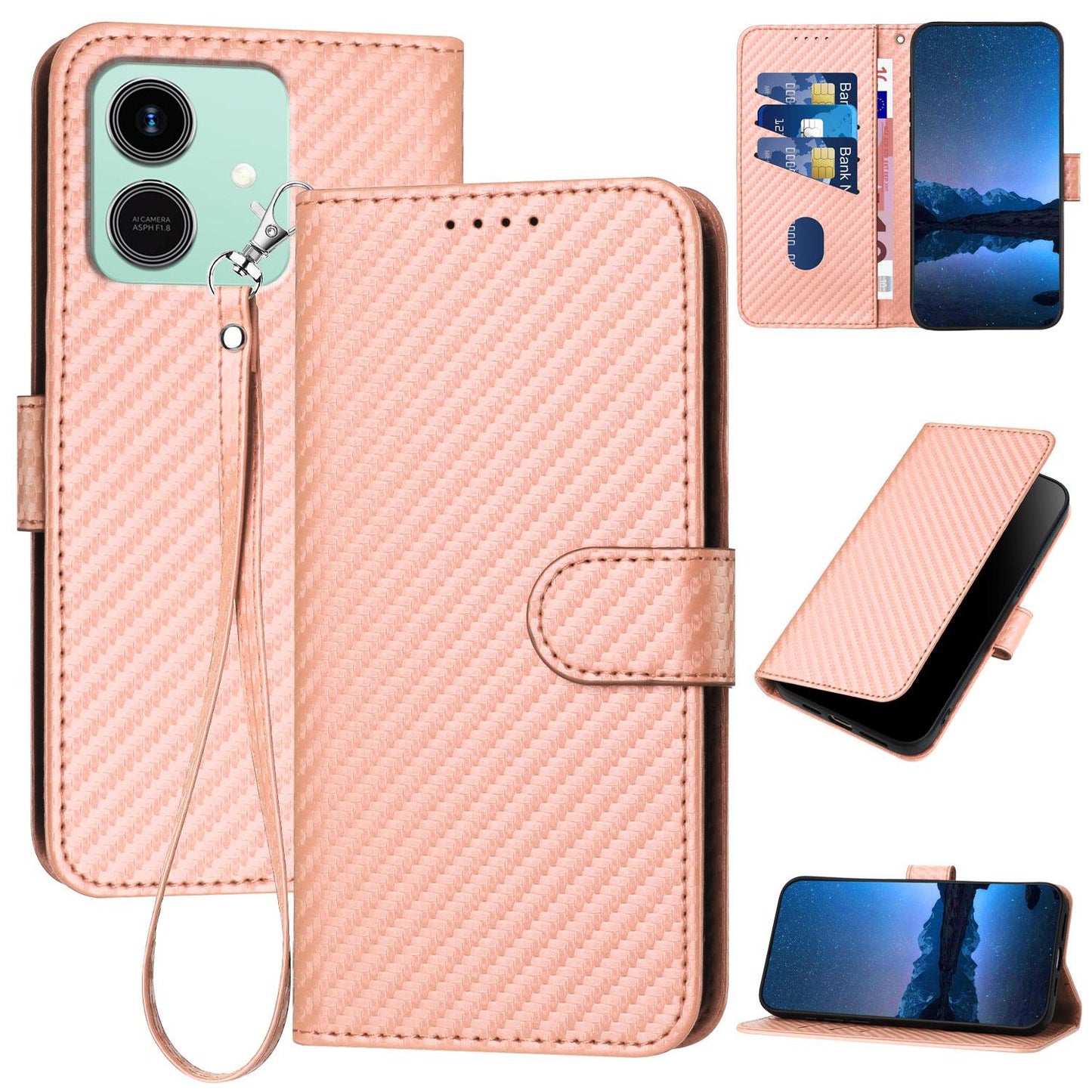 Honor Play10 4G Carbon Fiber Buckle Leather Phone Case with Lanyard, PU Leather TPU Wallet Cover with Card Slot, Cash Compartment, Stand Function & Scratch Protection