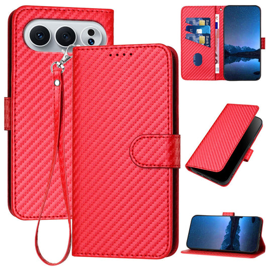 Honor 500 Carbon Fiber Buckle Leather Phone Case with Lanyard, PU Leather TPU Wallet Cover with Card Slot, Cash Compartment, Stand Function & Scratch Protection
