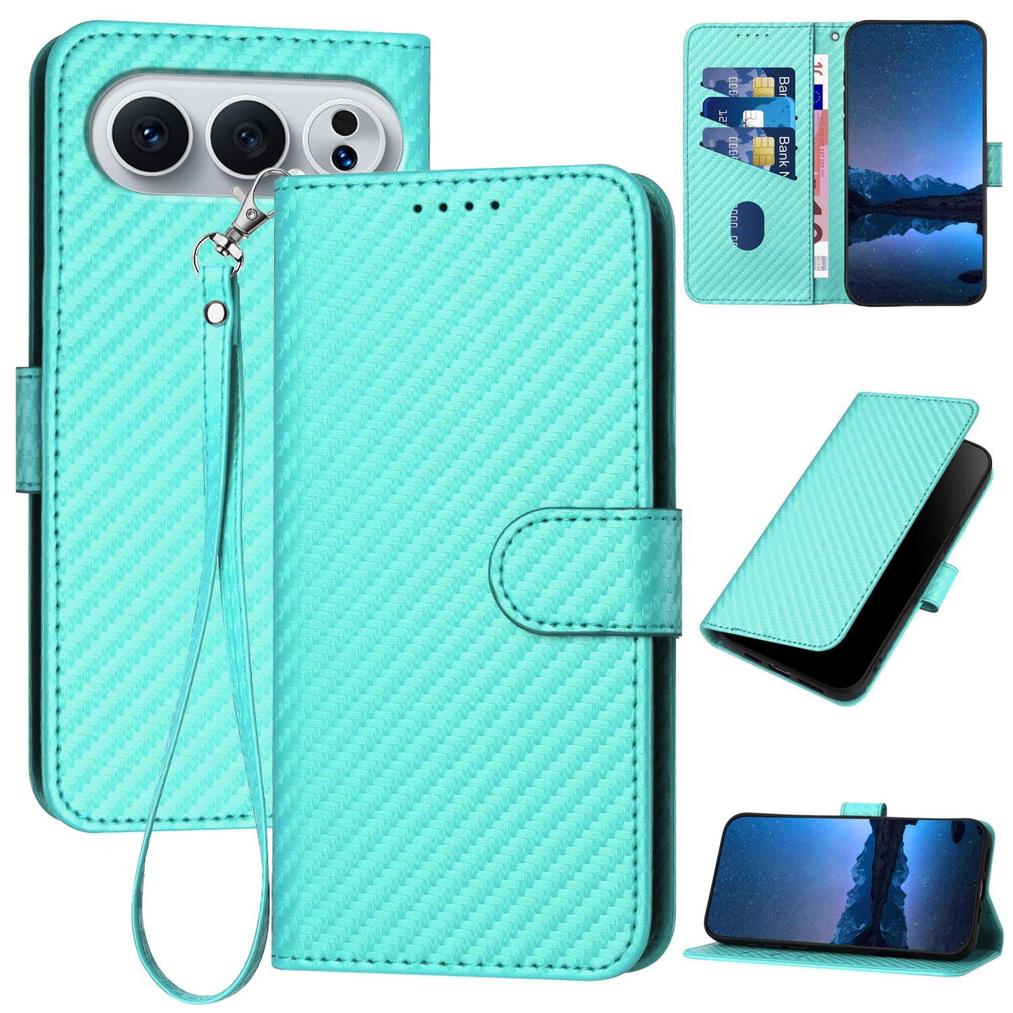 Honor 500 Carbon Fiber Buckle Leather Phone Case with Lanyard, PU Leather TPU Wallet Cover with Card Slot, Cash Compartment, Stand Function & Scratch Protection