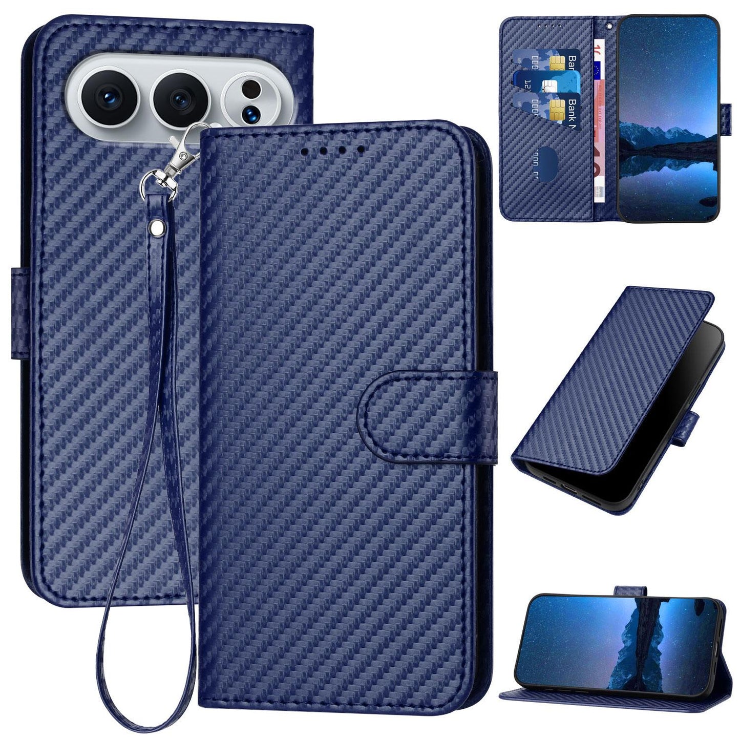 Honor 500 Pro 155.8mm Carbon Fiber Buckle Leather Phone Case with Lanyard, PU Leather TPU Wallet Cover with Card Slot, Cash Compartment, Stand Function & Scratch Protection