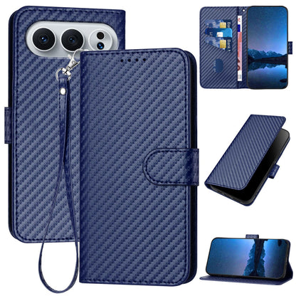 Honor 500 Pro 155.8mm Carbon Fiber Buckle Leather Phone Case with Lanyard, PU Leather TPU Wallet Cover with Card Slot, Cash Compartment, Stand Function & Scratch Protection