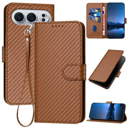 Honor 500 Carbon Fiber Buckle Leather Phone Case with Lanyard, PU Leather TPU Wallet Cover with Card Slot, Cash Compartment, Stand Function & Scratch Protection