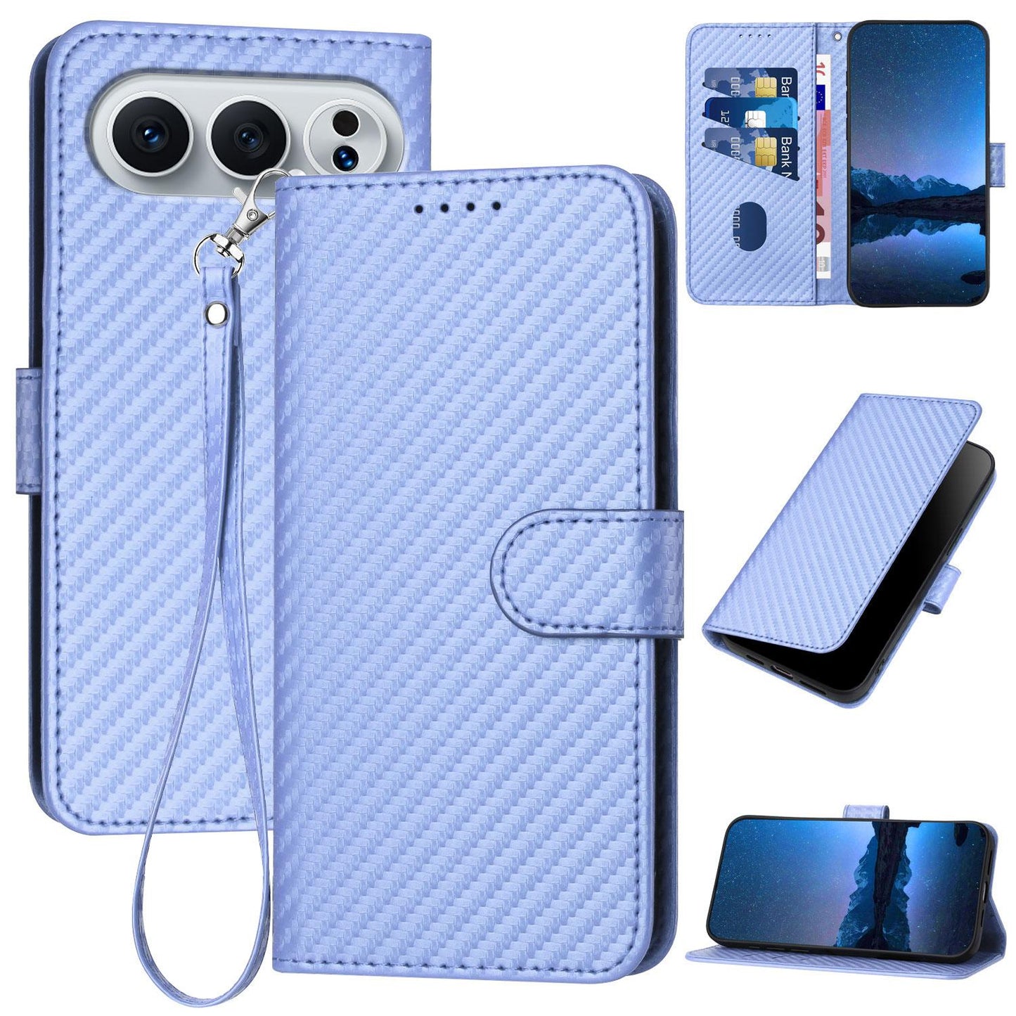 Honor 500 Pro 155.8mm Carbon Fiber Buckle Leather Phone Case with Lanyard, PU Leather TPU Wallet Cover with Card Slot, Cash Compartment, Stand Function & Scratch Protection